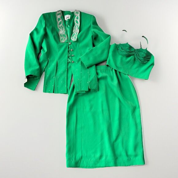 Pronto Moda Womens Kelly Green Skirt Suit Size 6 US 42 Italy New 3 Piece - Picture 1 of 11